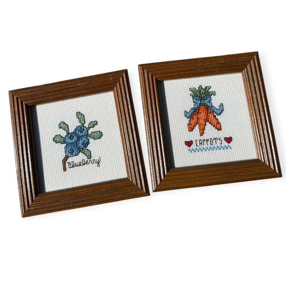 Vintage Handmade Cross Stitch Framed Wall Art Set Blueberry and Carrots Kitchen